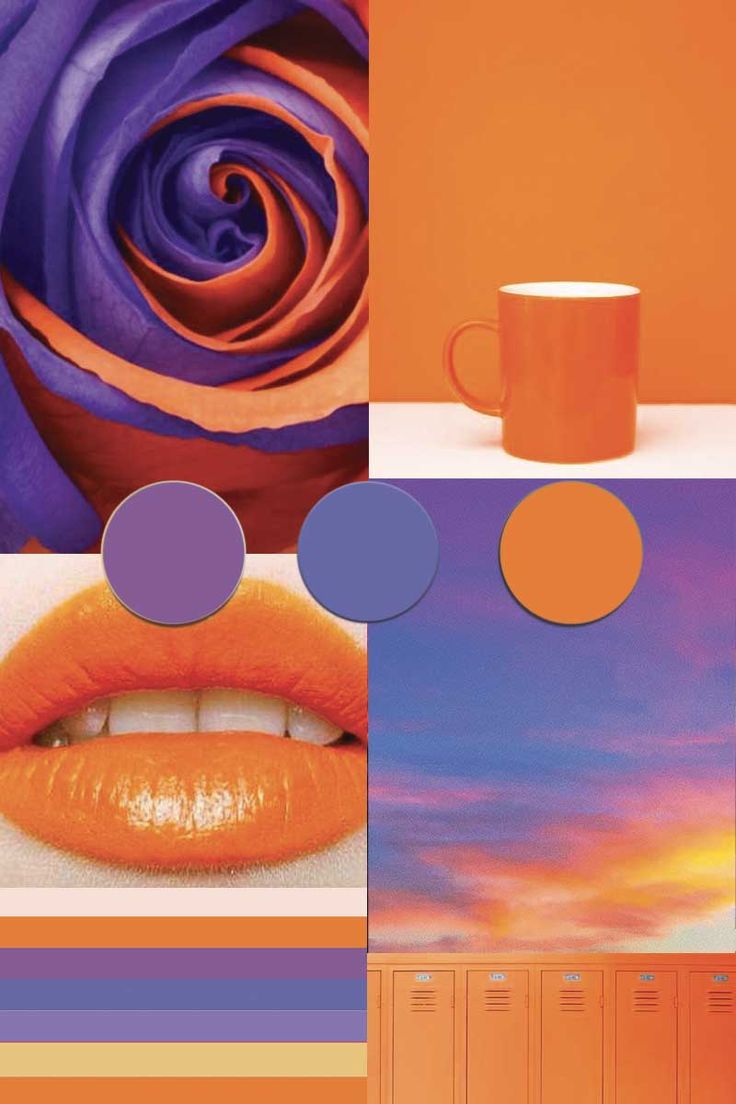 an orange and blue collage with a rose in the center, coffee cup, lipstick, and lockers