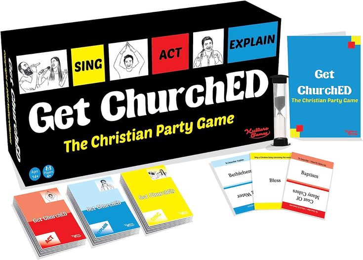 get churched the christian party game is shown in front of its box and contents