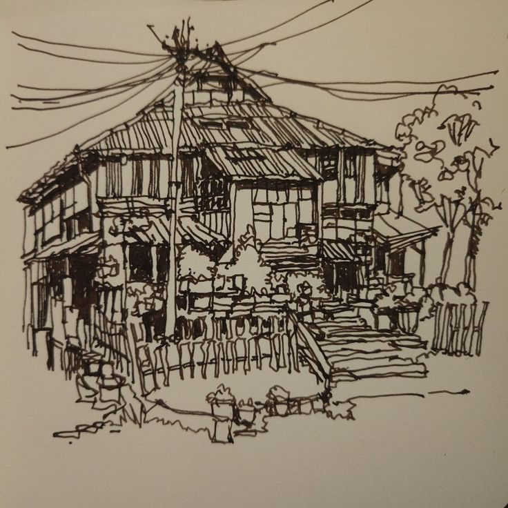 a drawing of a house in the woods