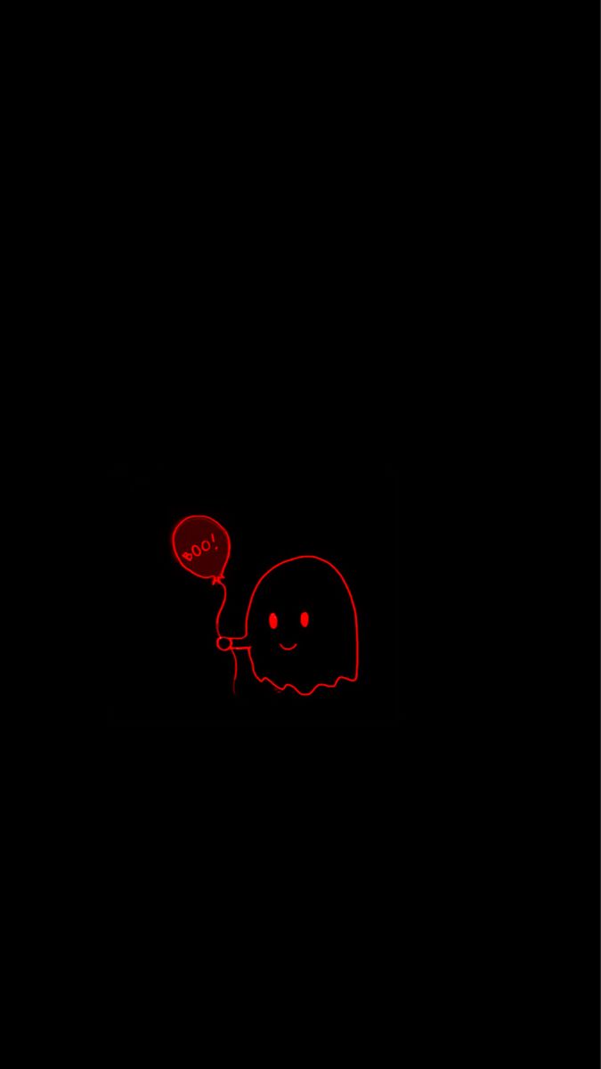 a black background with a red light and a ghost holding a balloon in it's mouth