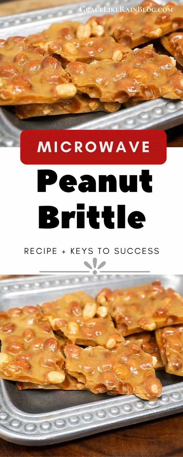 microwave peanut brittle recipe on a tray with the title above it in red and white