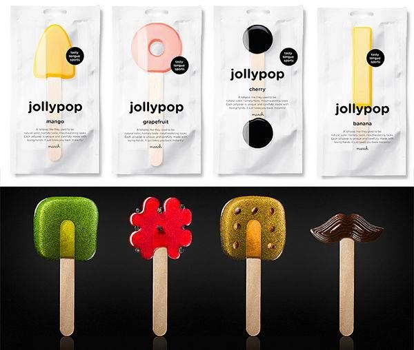 four popsicles with different toppings on them in front of a black and white background