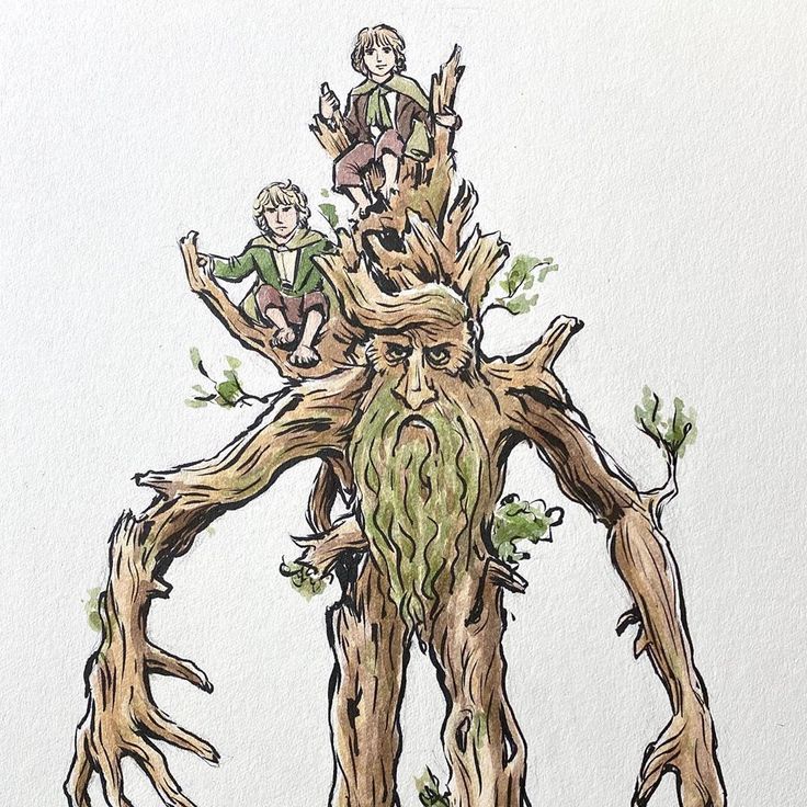 a drawing of two children sitting on top of a tree stump with roots growing out of it