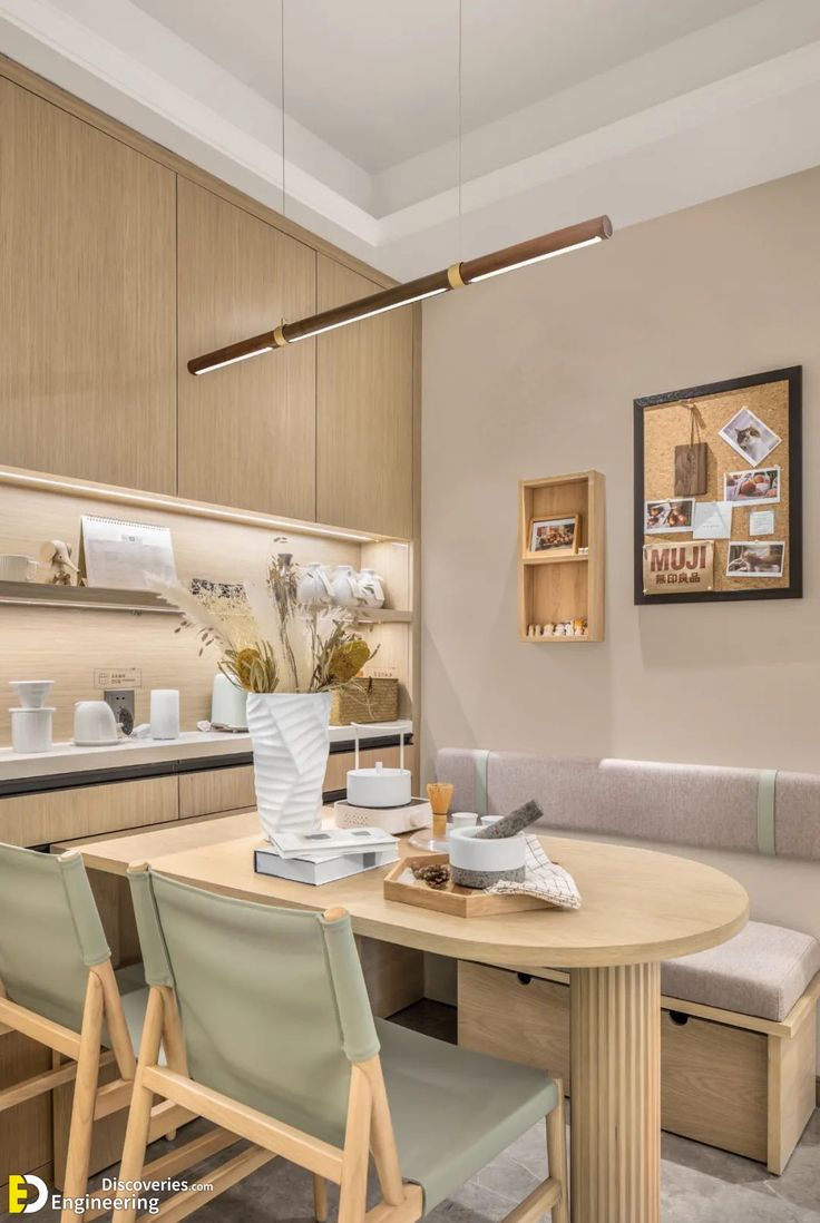 a kitchen with a table and some chairs in front of the counter top, next to a bench