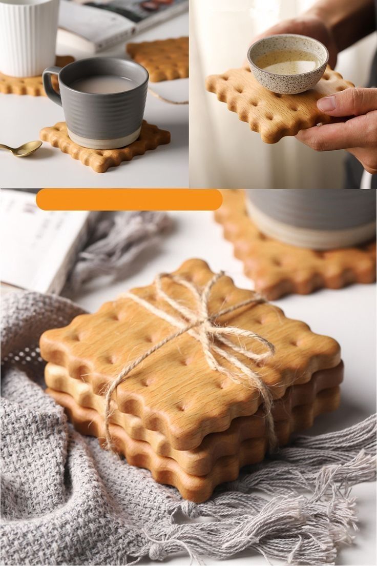 some cookies are tied up and ready to be eaten with coffee in the background is an image of someones hand holding a cup