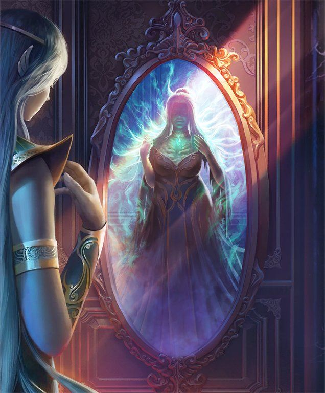 a woman looking at her reflection in a mirror with an image of a winged creature