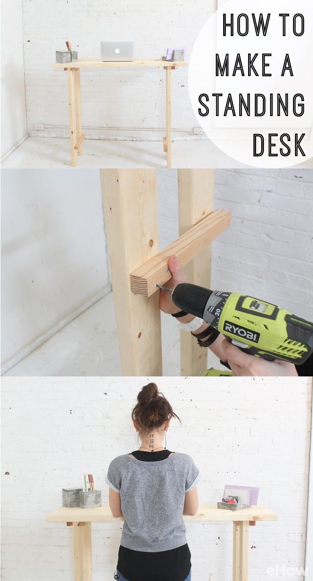 a woman working on a wooden desk with the words how to make a standing desk