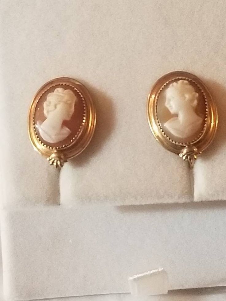 Vintage pretty cameo earrings. Gold filled. Settings are extra nice. Each measures 3/4 tall and 1/2 inch wide. Cameo Earrings, Carved Shell, Screw Back Earrings, Earrings Gold, Verona, Vintage Gold, Screw, Gold Filled, Shells