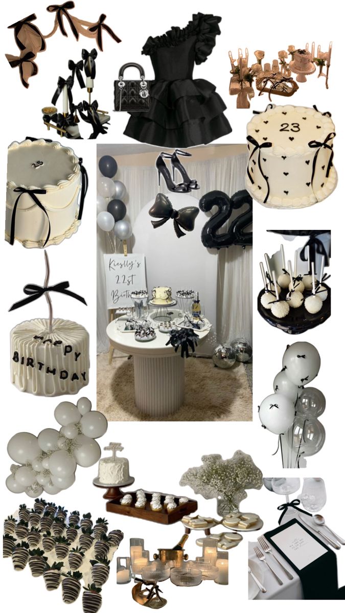 a collage of black and white items including cakes, balloons, candles, and cake toppers