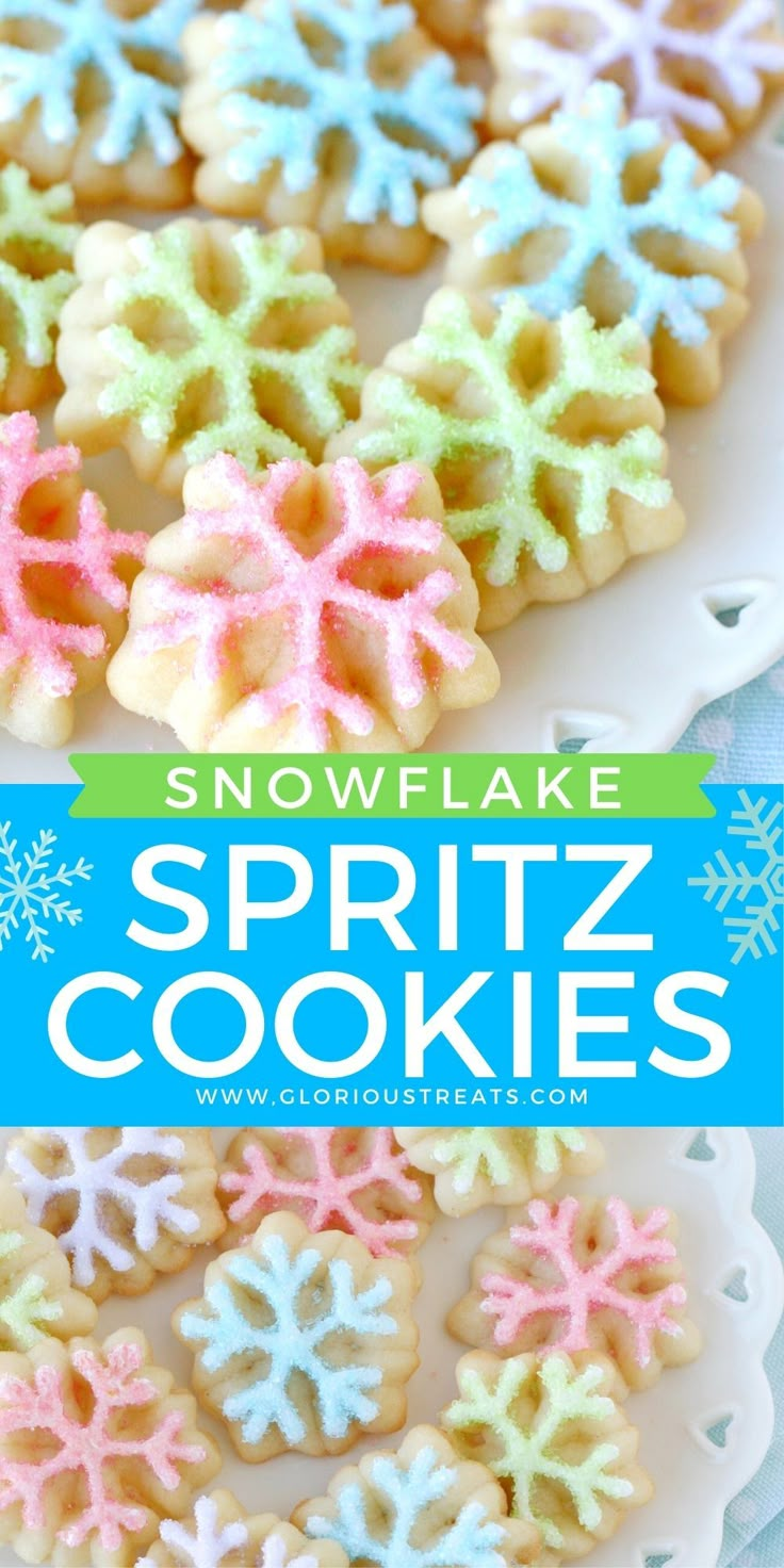 snowflake spritz cookies on a white plate with the title overlay