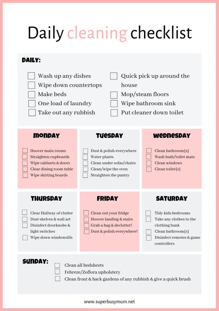 the daily cleaning checklist is shown in pink and white