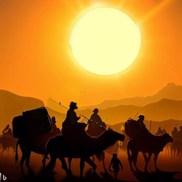 a group of people riding on the backs of horses in front of an orange sun