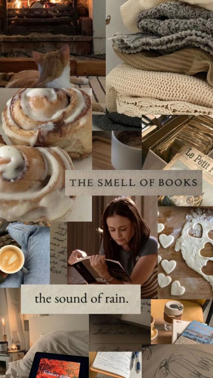 there is a collage of pictures with different things in it that include books, bread and coffee