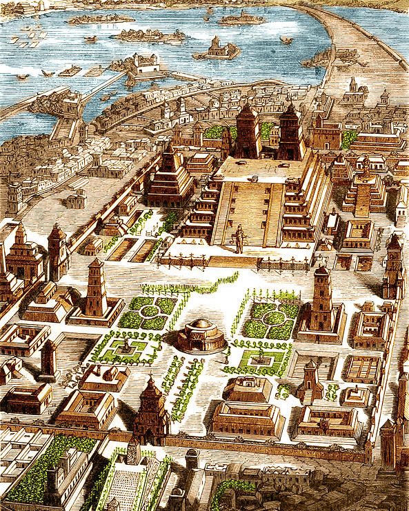 an old drawing of a city with lots of buildings and gardens on the water's edge