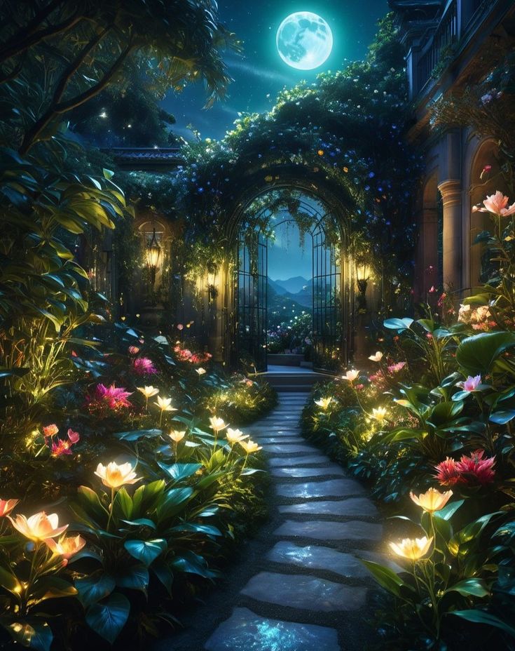 an image of a garden at night with flowers and lights on the path leading to it