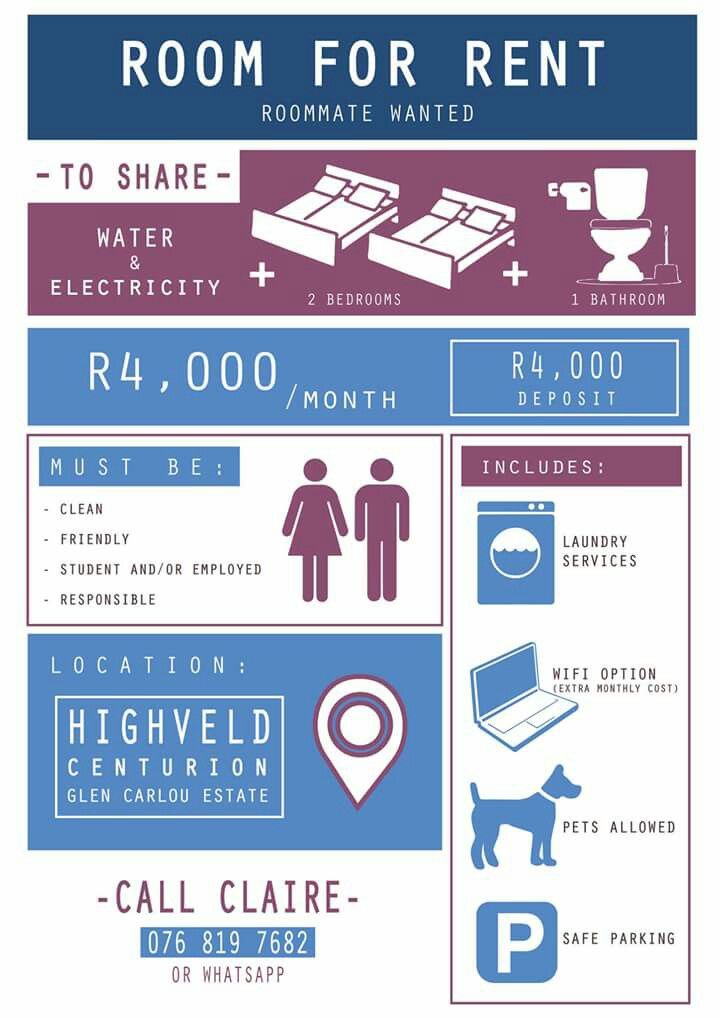 a blue and purple poster with information about rooms for rent