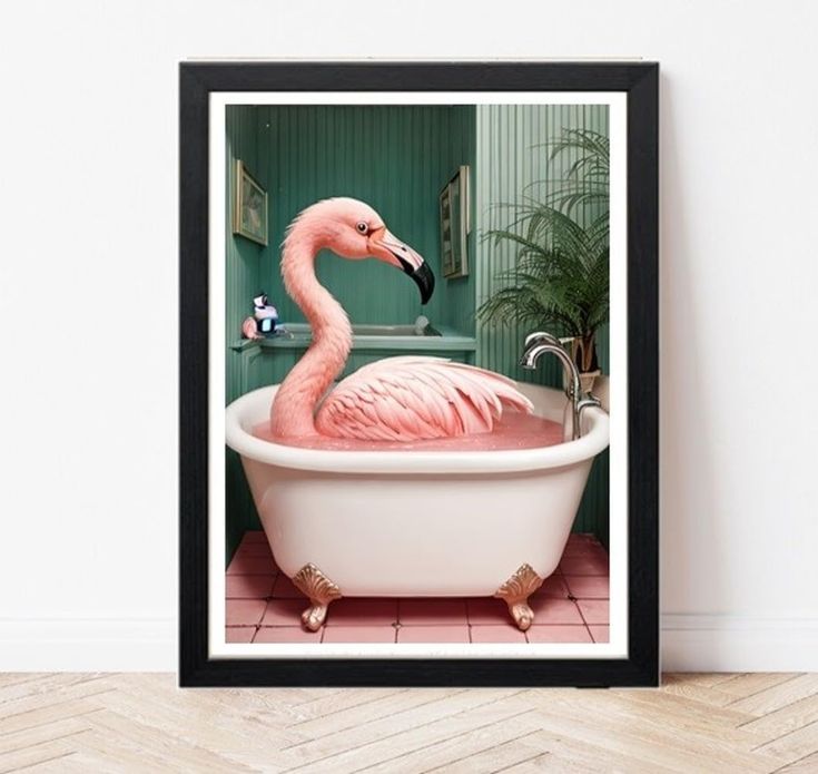 a pink flamingo sitting in a bath tub