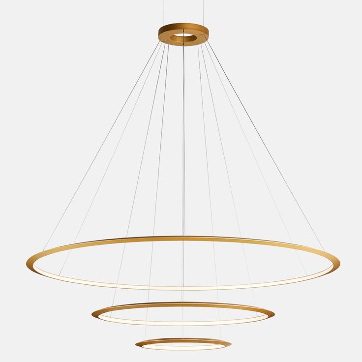 a circular chandelier with three rings hanging from the ceiling and two lights above it