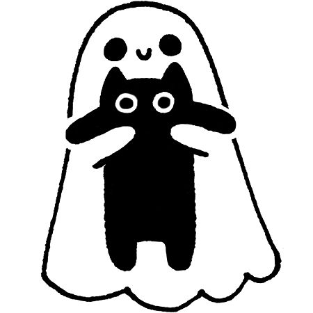 a black and white drawing of a ghost with a cat on it's back