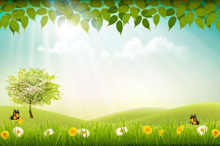 the sun shines brightly over a green field with flowers and trees in the foreground