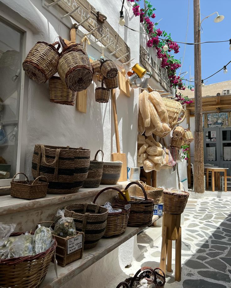 baskets hanging on the side of a building