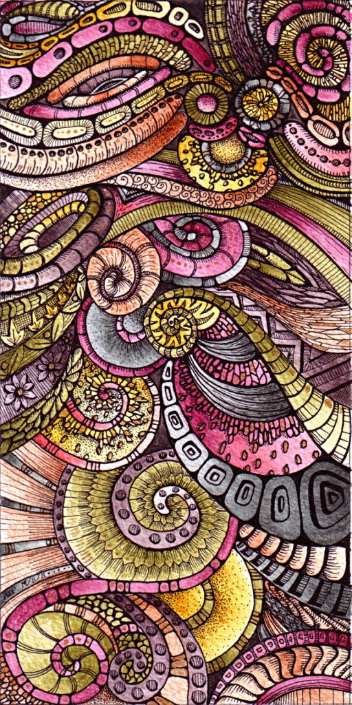 an artistic drawing with lots of different colors and patterns on it, including circles and spirals