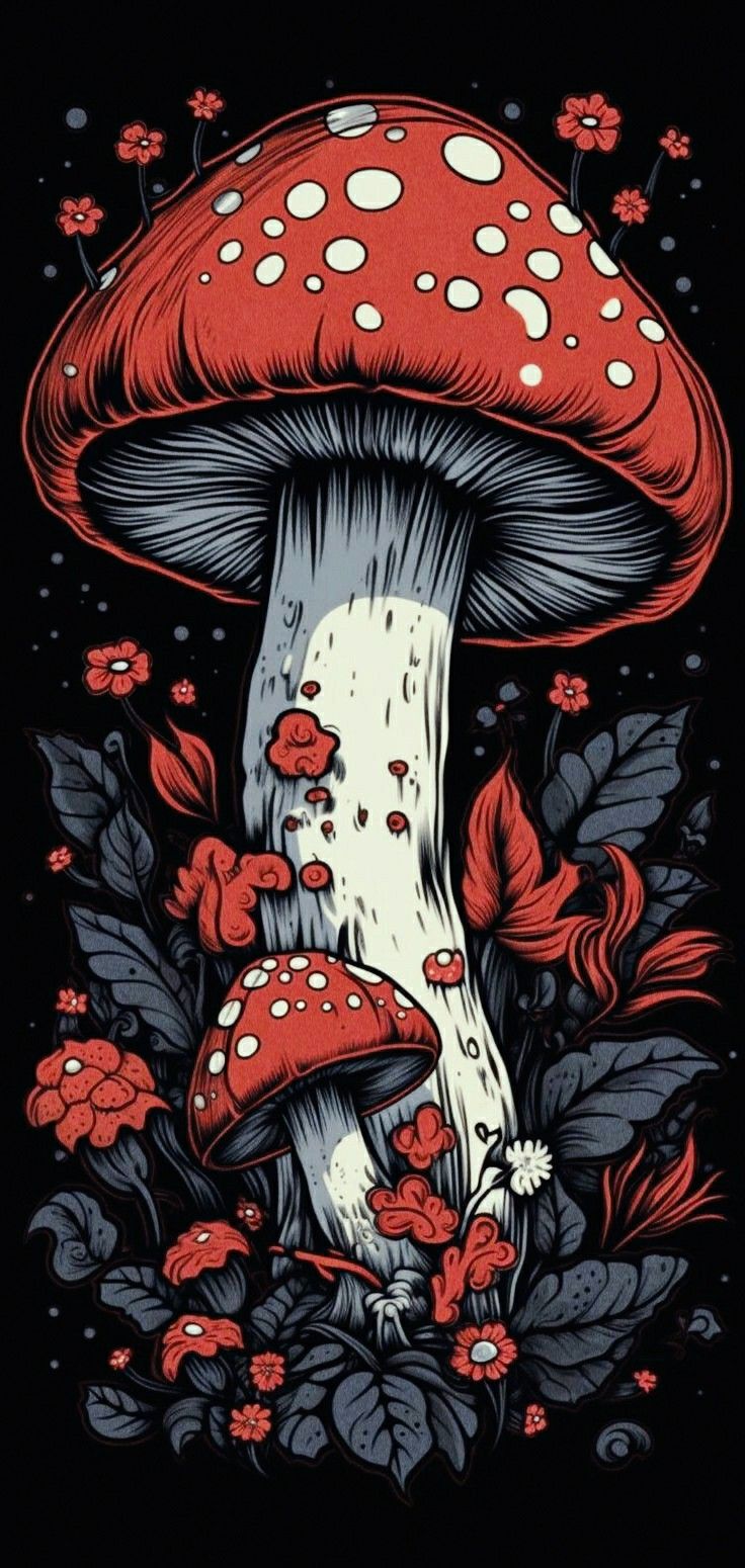 a mushroom with red flowers on it