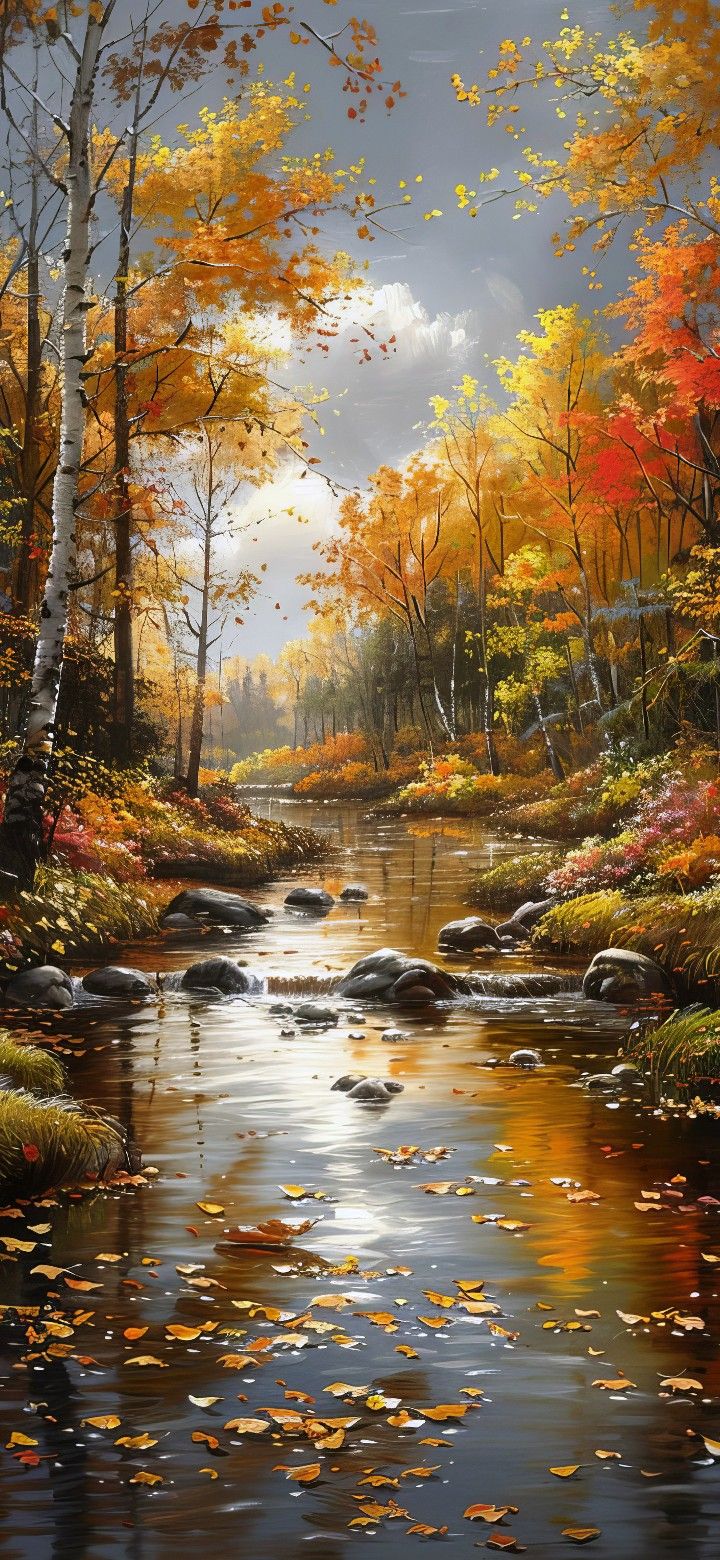 an oil painting of a river surrounded by trees and leaves in the fall season with bright colors