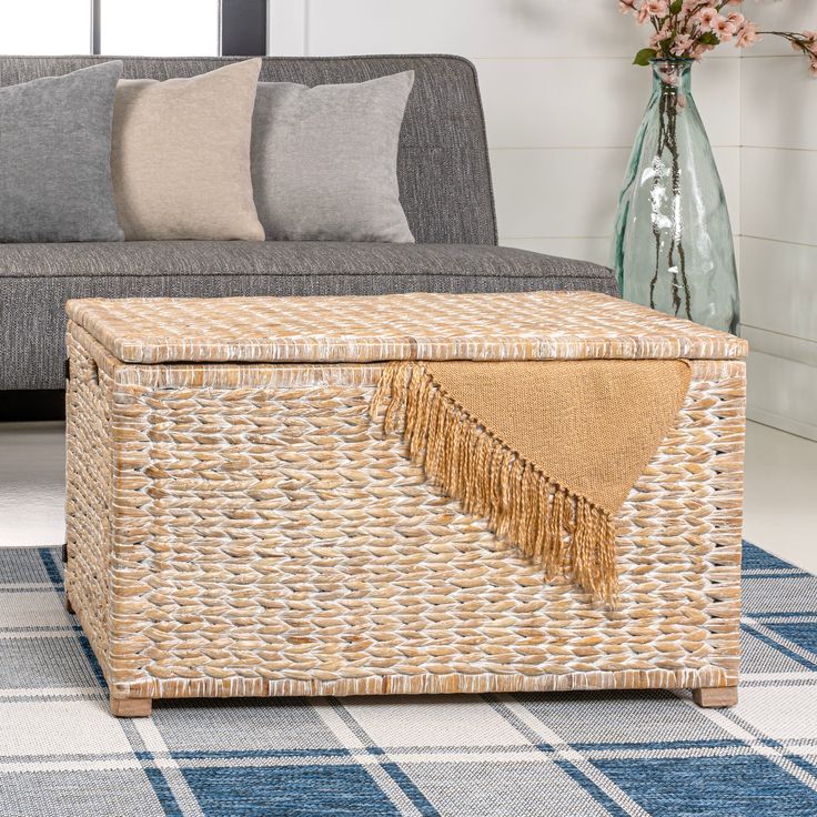 a living room with a gray couch and wicker storage box on the floor next to a blue rug