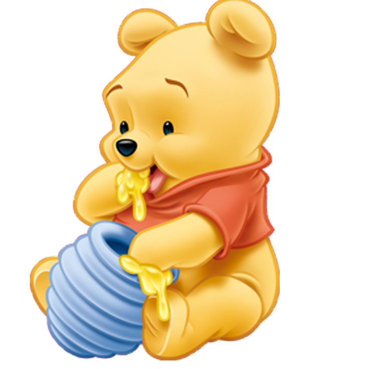 a winnie the pooh bear sitting on top of a blue ball with honey in it's mouth