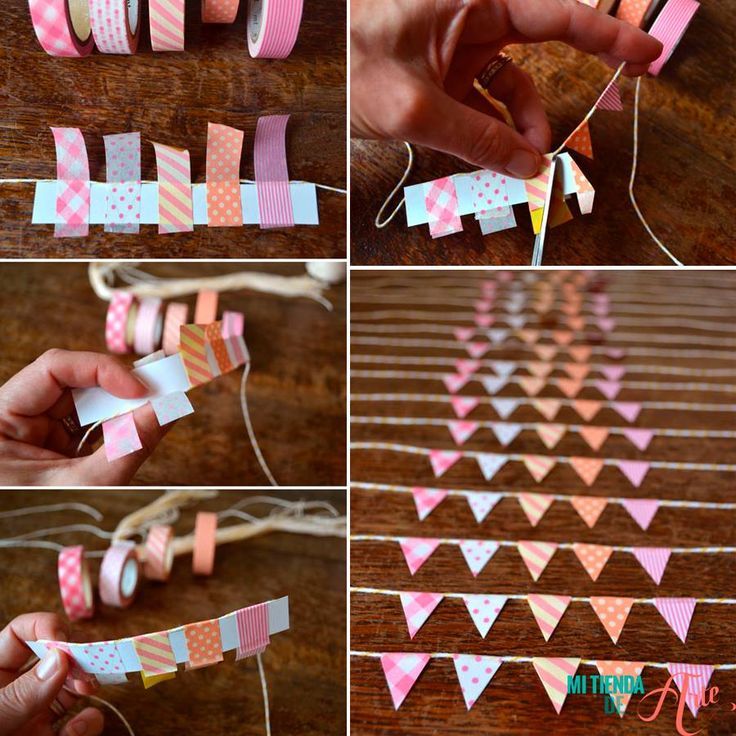 the steps to make paper bunting garlands with washi tape and twine