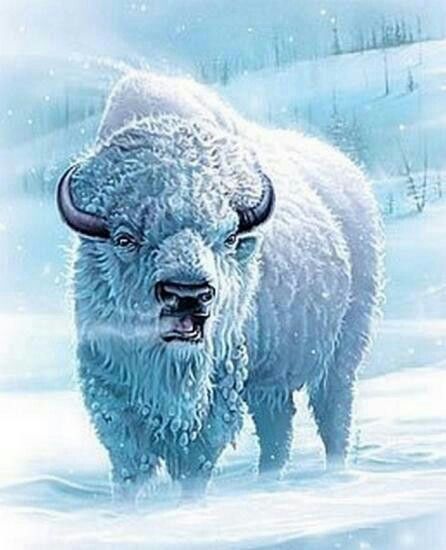 a white buffalo standing in the snow with its eyes closed and it's head turned to the side