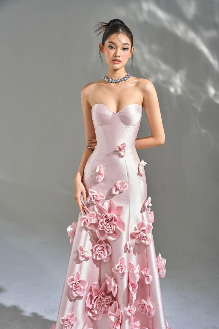 La Fleur Asymmetric Sweetheart Neck Taffeta Maxi Dress | MEAN BLVD Ball Gown Evening Dress, What Dress To Wear To A Wedding, Floral Dress Couture, Pastel Pink Long Dress, Dresses Inspired By Flowers, Dress Outfits Fancy, Cherry Blossom Gown, Really Fancy Dresses, Quiet Luxury Dress