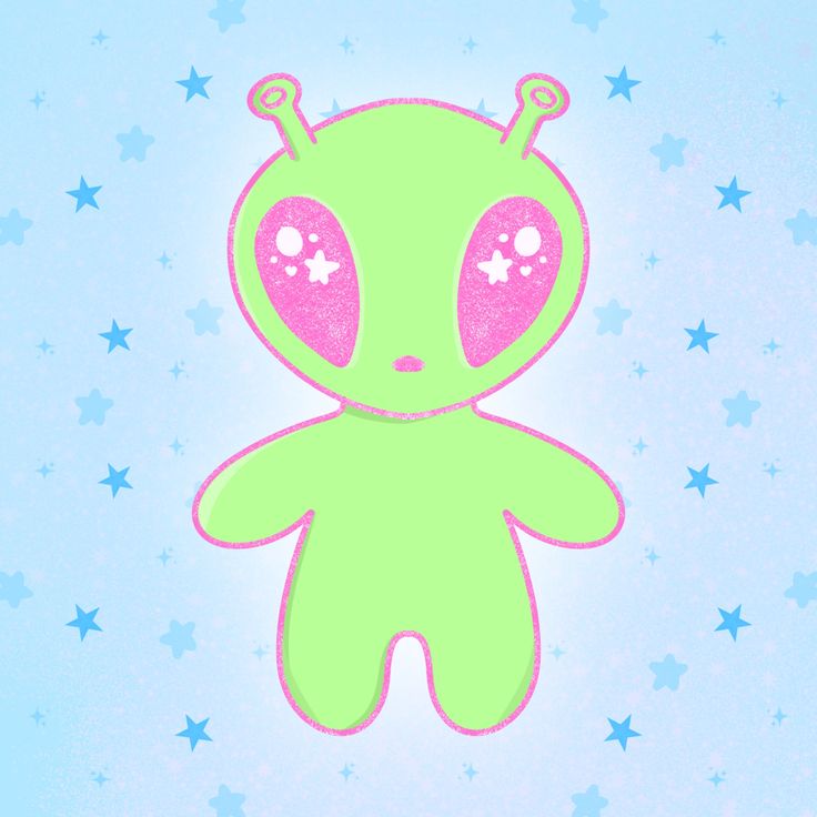 a green teddy bear with pink eyes and stars