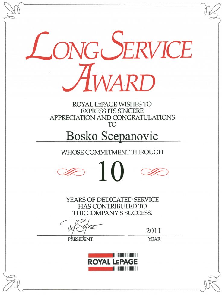 the long service award certificate for boscho sepnovvie