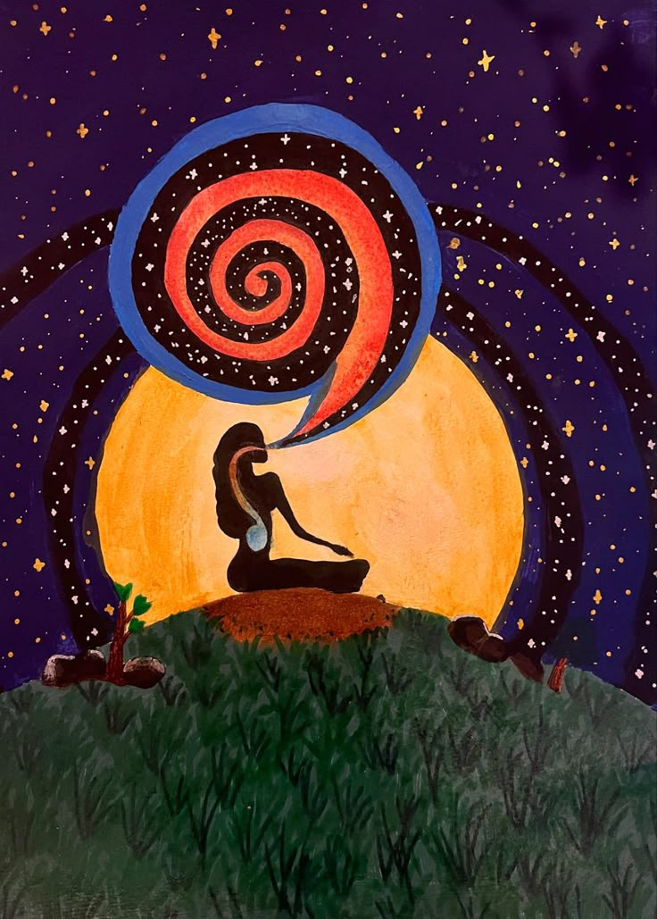 a painting of a person sitting on a hill at night