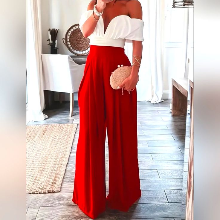 Elegant High Waisted, Wide Leg Pants With Hidden Side Zipper. Stylish Loose Fit, Front Pleat. M- Waist 28" Length 29" L- Waist Is 32, Inseam Is 29" Red High Waist Wide Leg Pants For Night Out, Elegant Red Summer Bottoms, Elegant Red Wide Leg Pants For Summer, Elegant Red Pants For Summer, Elegant Red Summer Pants, Outfit Pantalon Rojo, Plus Size Wide Leg Pants, Wide Leg Pant Suit, Shirt Pant Set