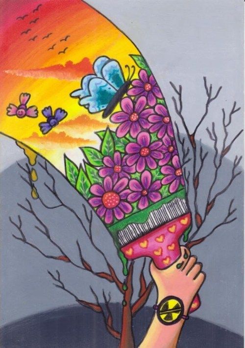 a painting of a person holding flowers in front of a tree with butterflies on it