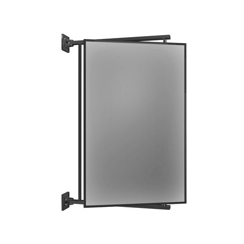 an image of a bathroom mirror with black frame and metal bars on the sides, against a white background