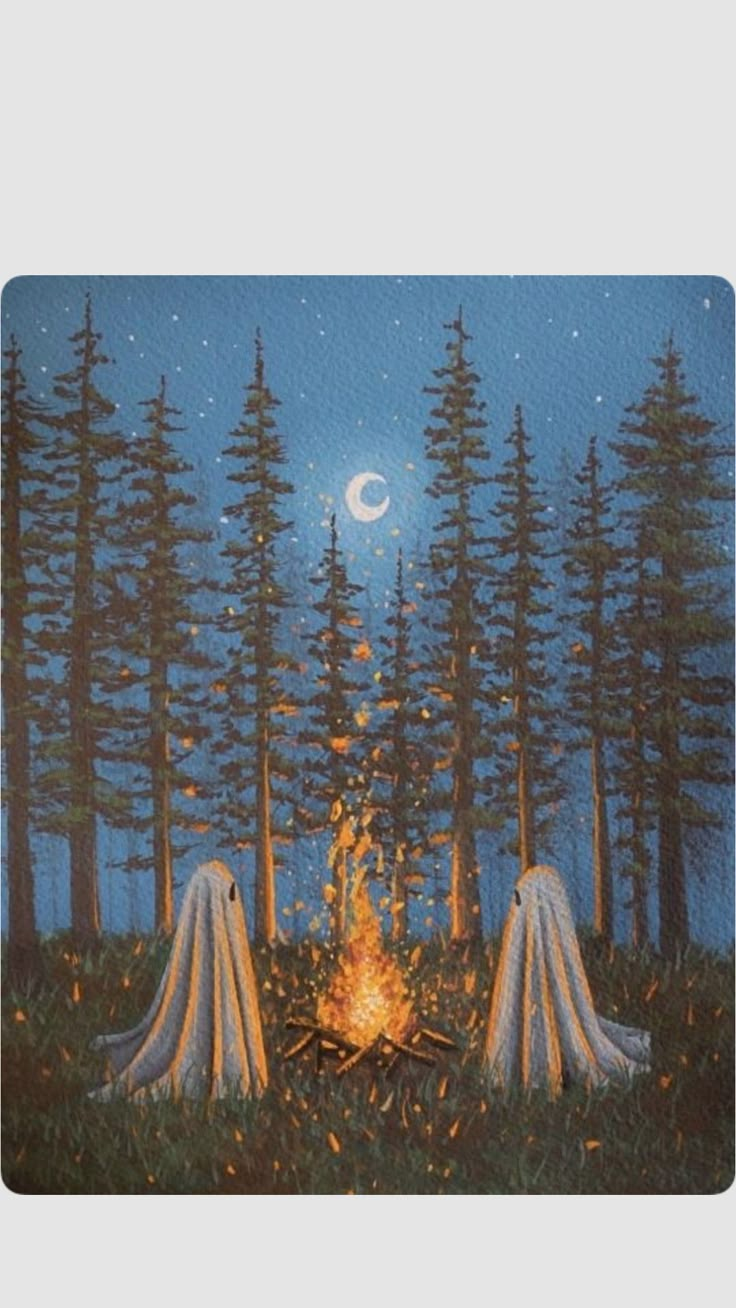 a painting of trees and fire in the middle of a forest at night, with a full moon behind them