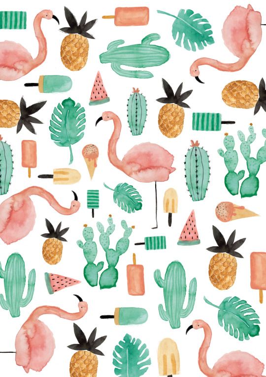 watercolor flamingos, cacti and pineapples are featured in this pattern