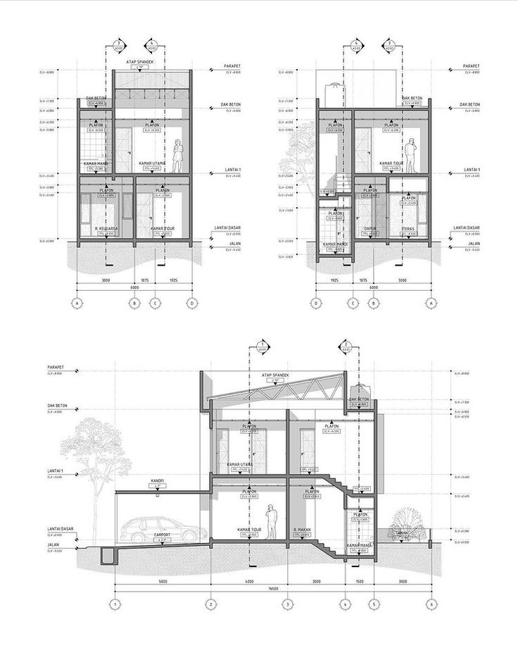 three drawings showing the different sections of a house with various details and measurements on it