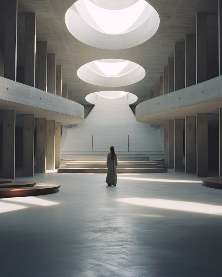 a woman is standing in an empty building