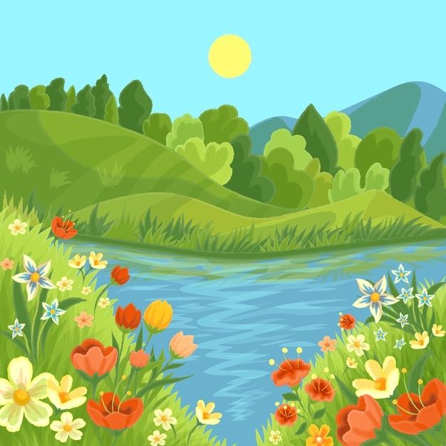 an image of a beautiful landscape with flowers by the river and hills in the background