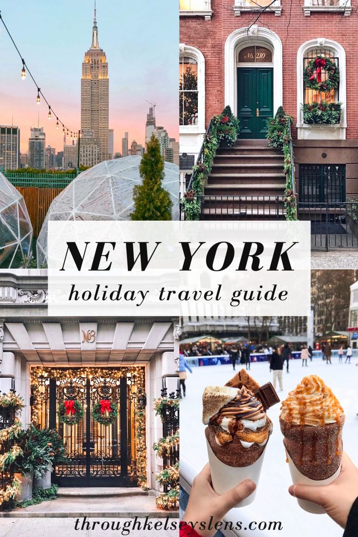 the new york holiday travel guide with pictures of buildings and people holding ice creams