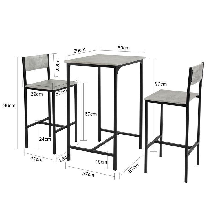 the table and two chairs are shown with measurements for each chair, which is height