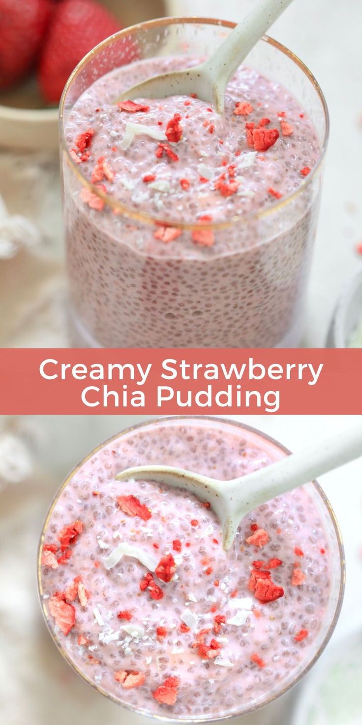 two glasses filled with creamy strawberry chia pudding