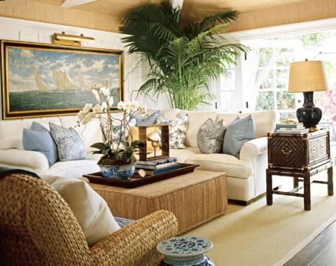 The combo of tan, white and blue makes for a pretty living area.  The beige ceiling and white beams is a cool concept. West Indies Decor, West Indies Style, Coastal Decorating Living Room, British Colonial Decor, British West Indies, Tropical Living, British Colonial Style, Tropical Home, Coastal Living Rooms