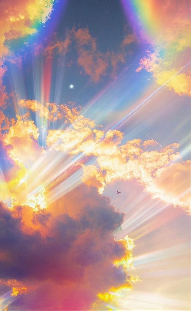 the sky is filled with colorful clouds and rainbows in the distance, as well as a bird flying by