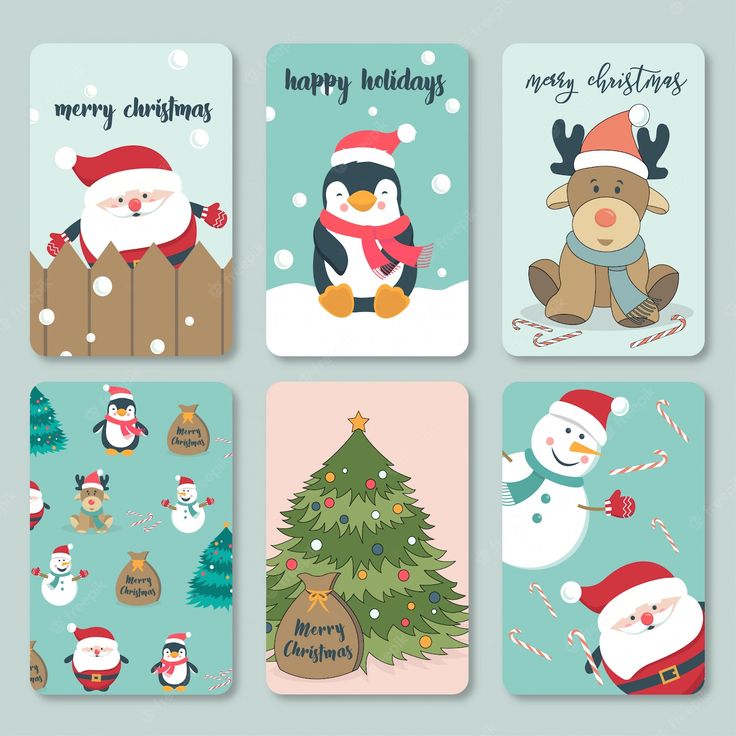 four christmas cards with penguins and snowmen